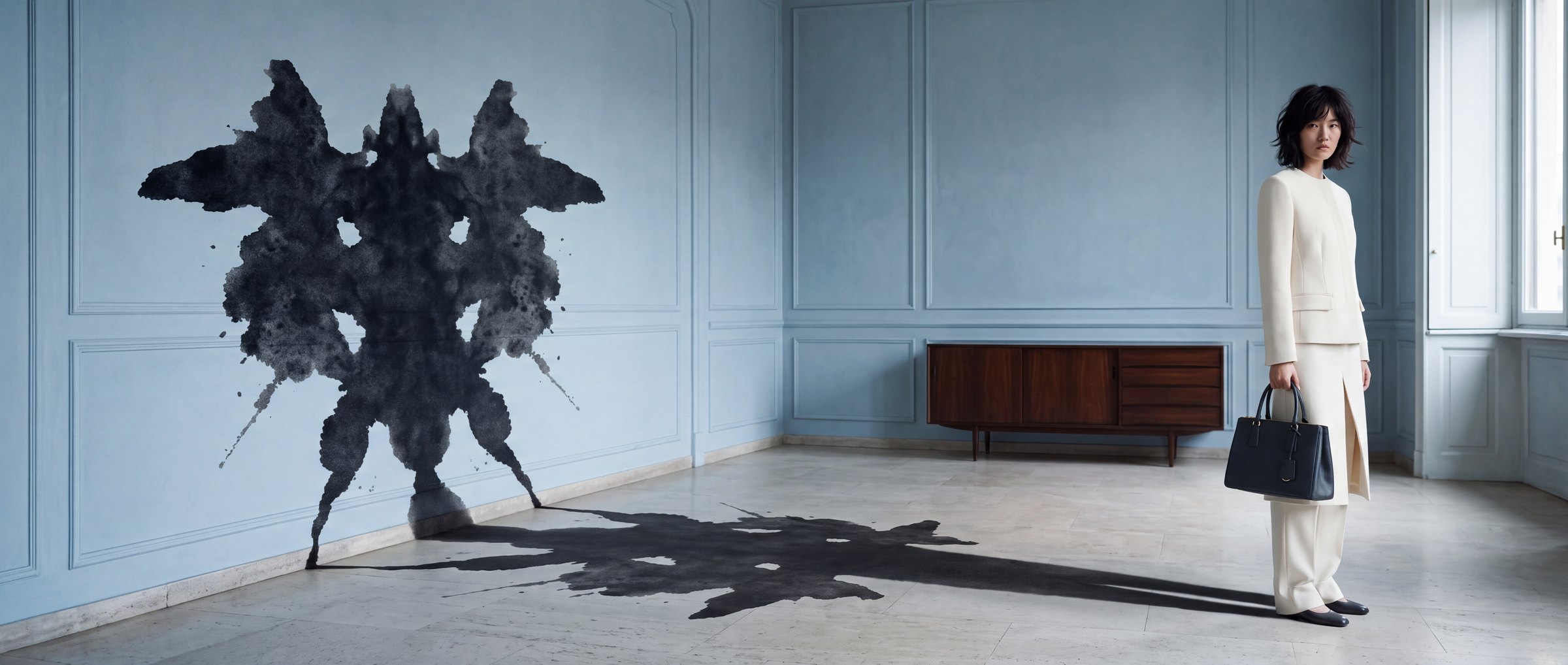 Una donna in tailleur bianco in una sala di palazzo dalle pareti azzurre; la sua ombra attraversa il pavimento e risale sul muro come una grande macchia d'inchiostro simmetrica