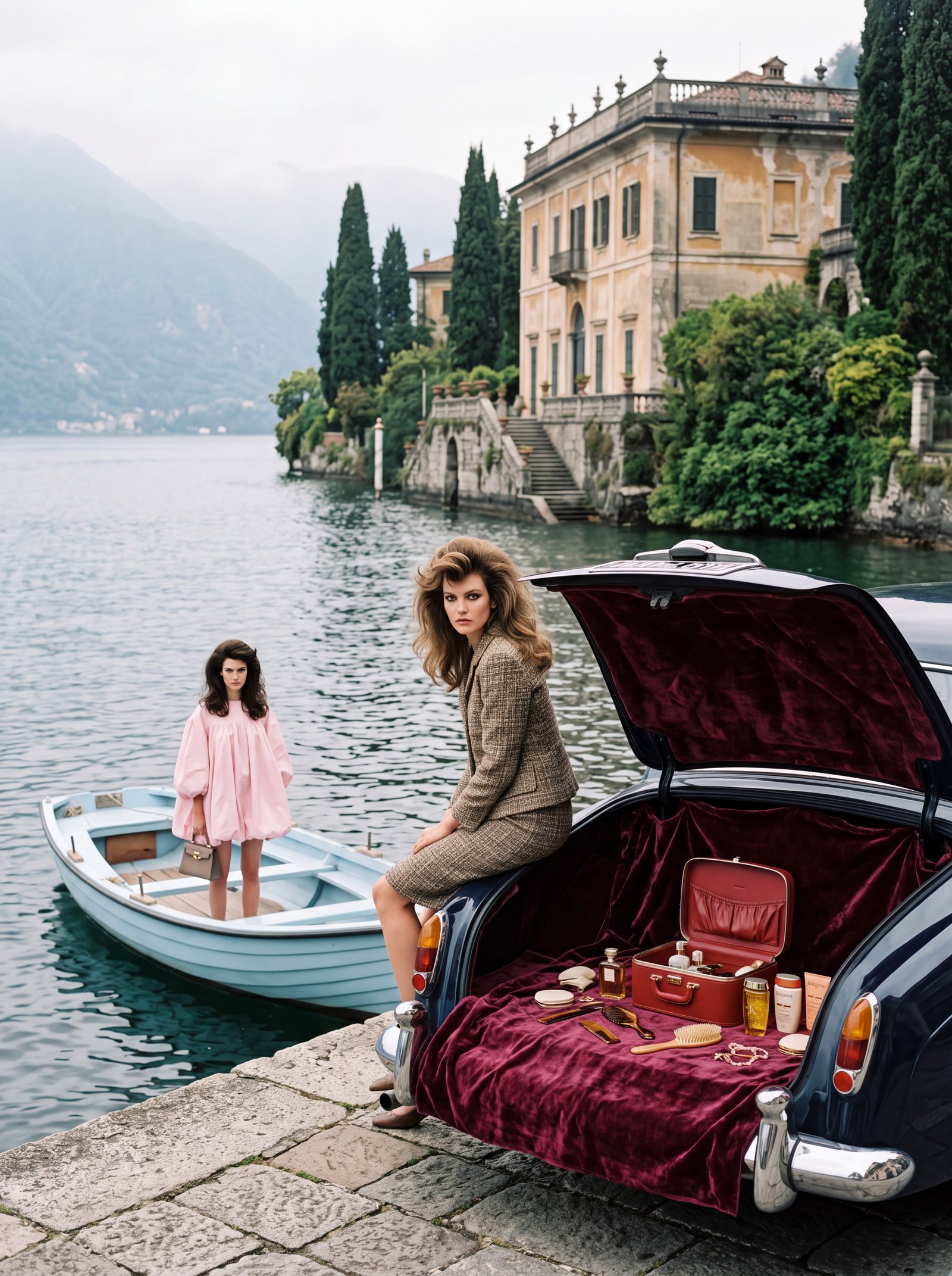 Sulla riva di un lago con una villa storica, una donna in tailleur di tweed siede sul bagagliaio di un'auto d'epoca foderato di velluto bordeaux e pieno di prodotti per capelli e spazzole, mentre un'altra ragazza in abito rosa la guarda da una barca